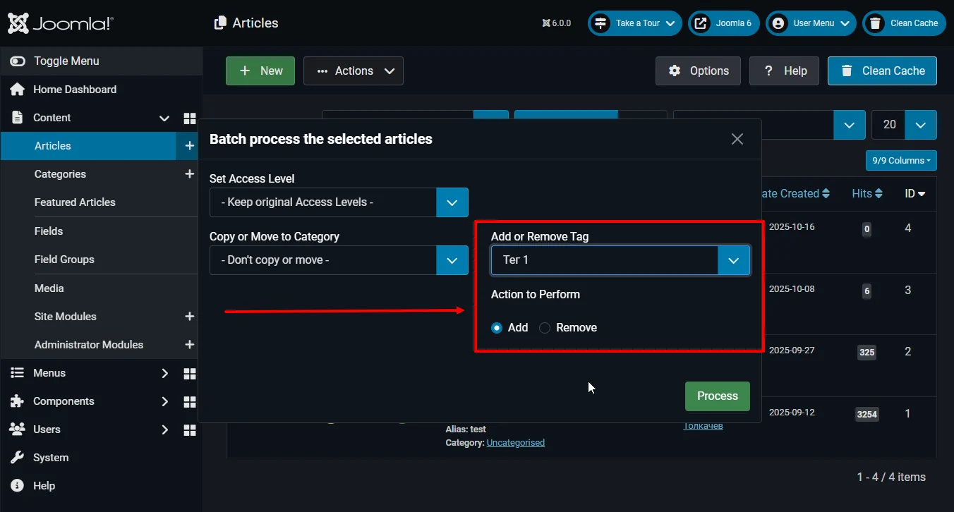 Массовая работа с тегами материалов в Joomla 6
