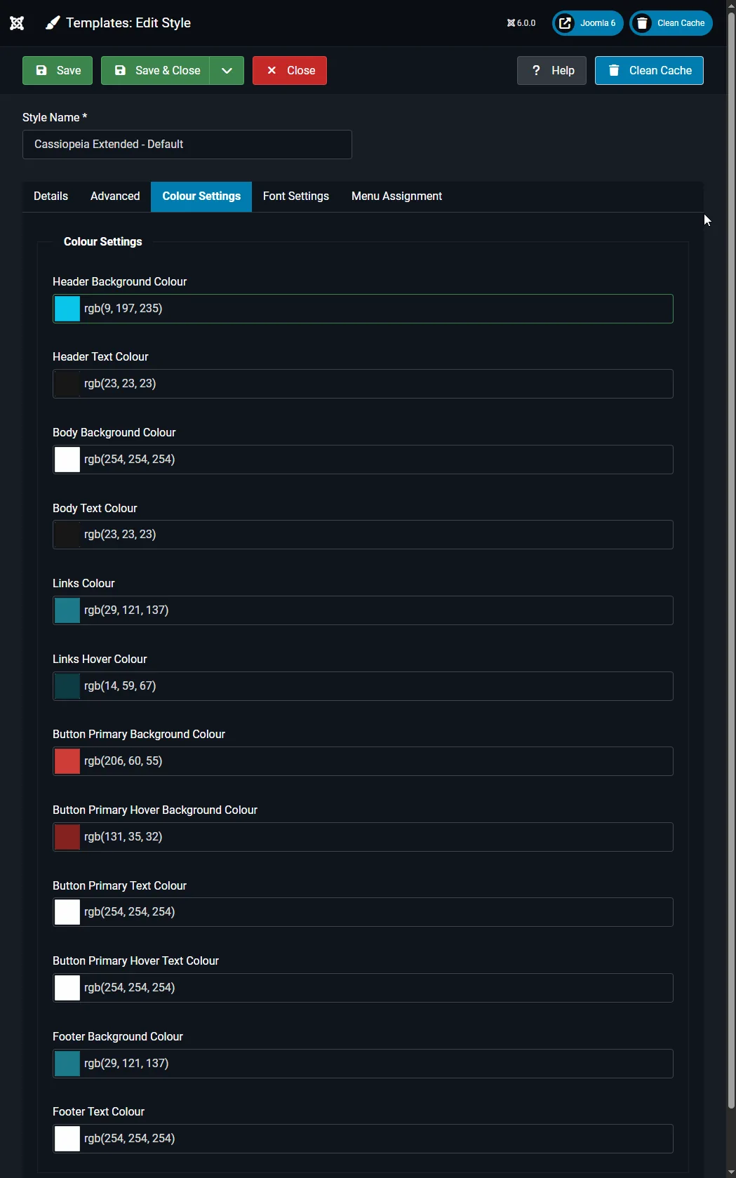 Joomla 5 child template Cassiopeia Extended settings