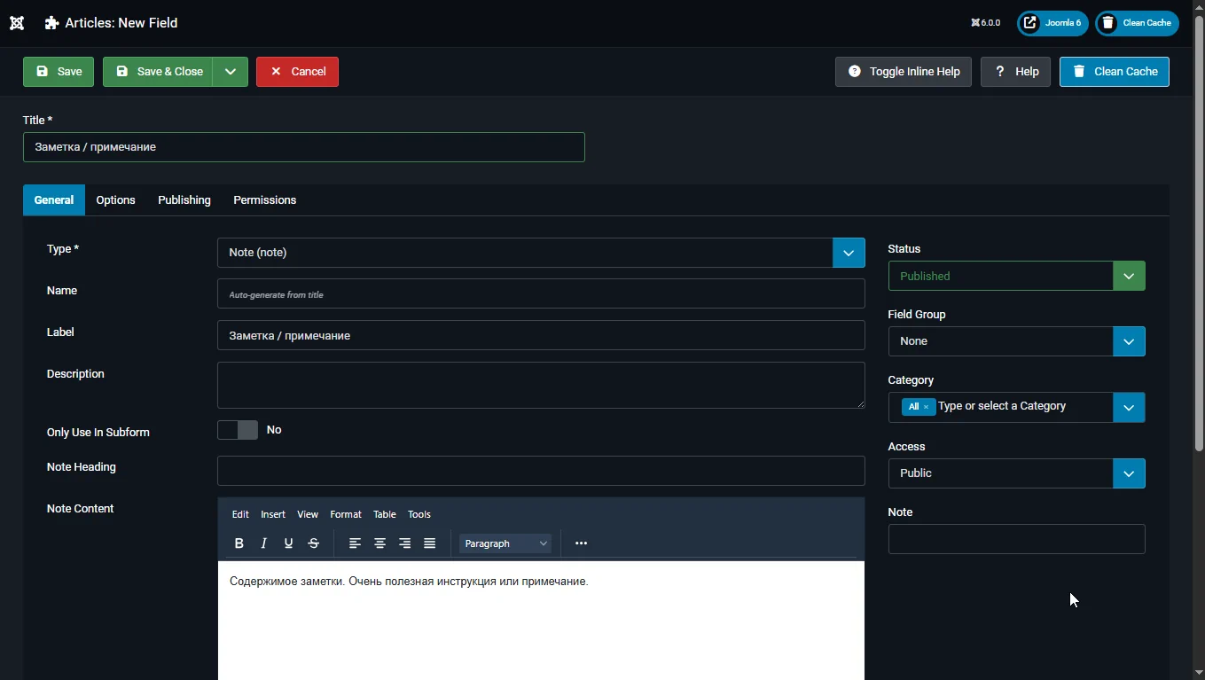 Joomla 6 note custom field