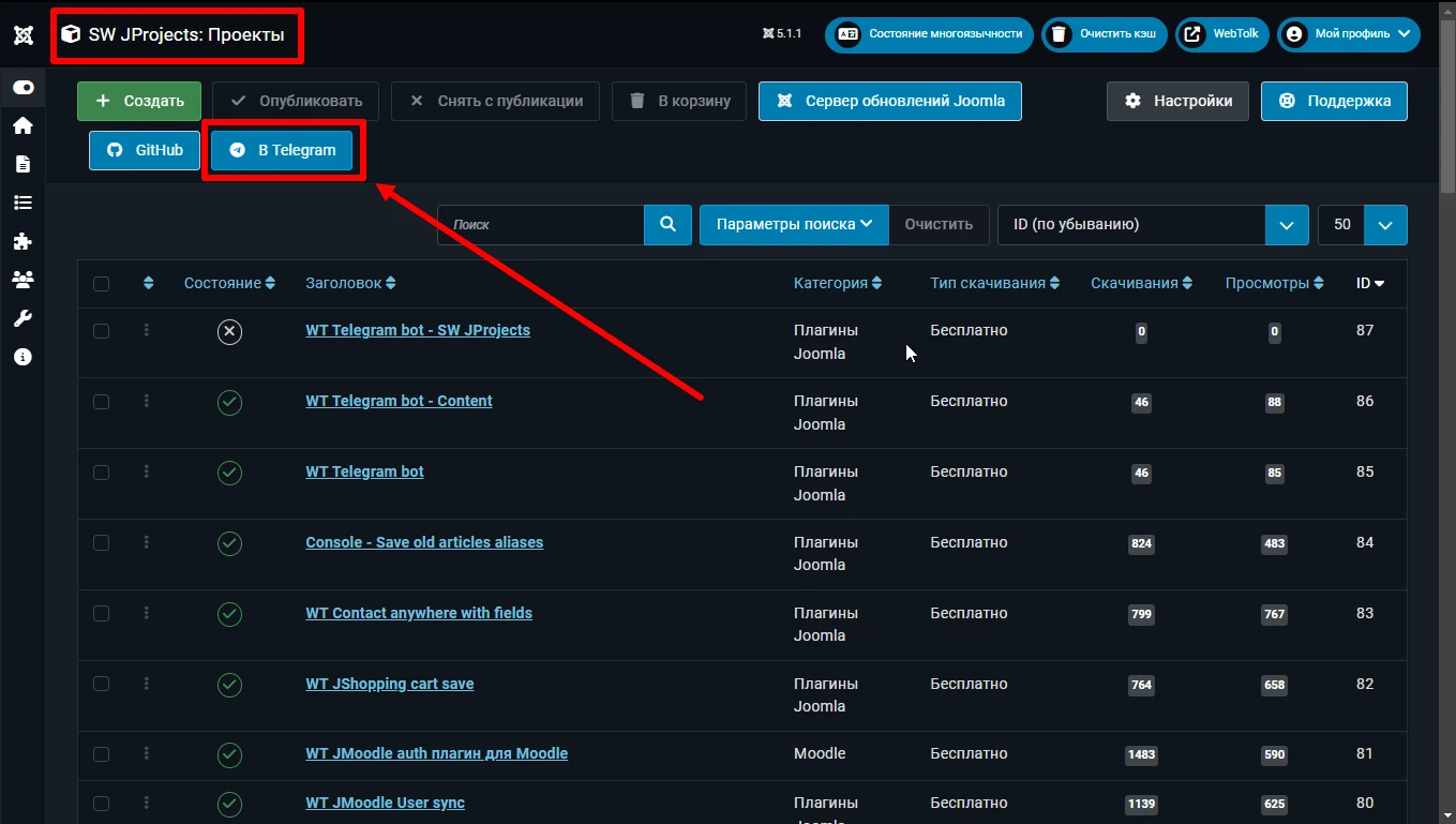Joomla 5 Telegram SW JProjects 